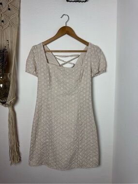 Hem & Thread Beige Tweed Mini Dress with Crisscross Back